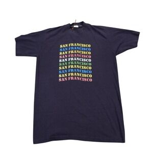 VTG‎ Velva Sheen T-Shirt Men Large Blue San Francisco Rainbow Stacked Graphic